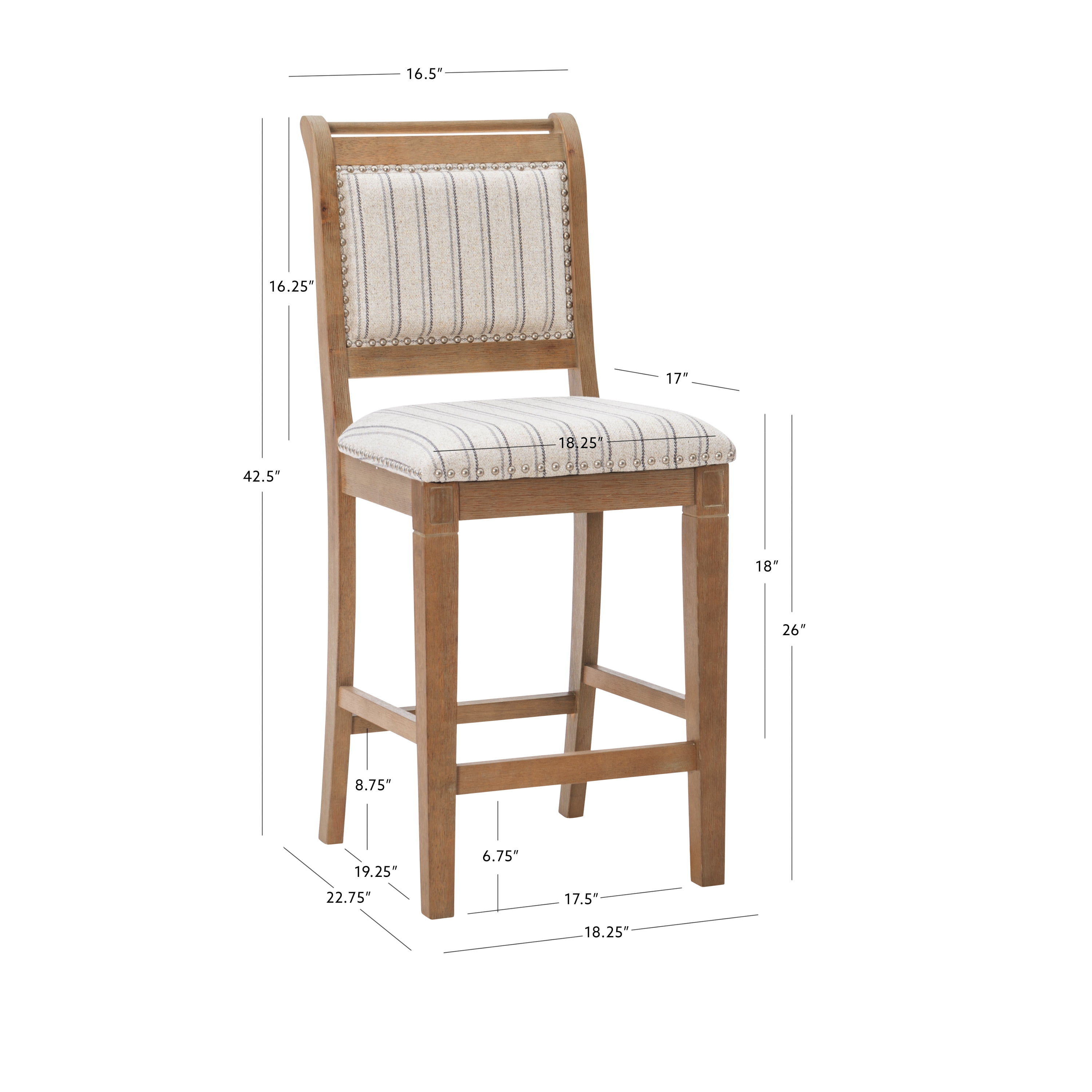 Linon Findley 26" Mid Back Indoor Wood Counter Stool, Gray wash/Natural Stripe