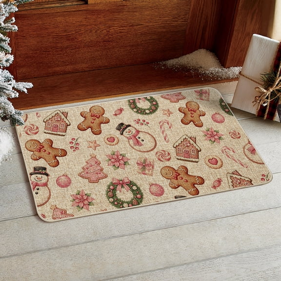 Sm:)e Gingerbread Man Snowman Christmas Doormat 17x29 Inch, Non Slip Linen Door Mat Inside Washable Entryway Carpet Rug for Porch Patio Hallway, Pink
