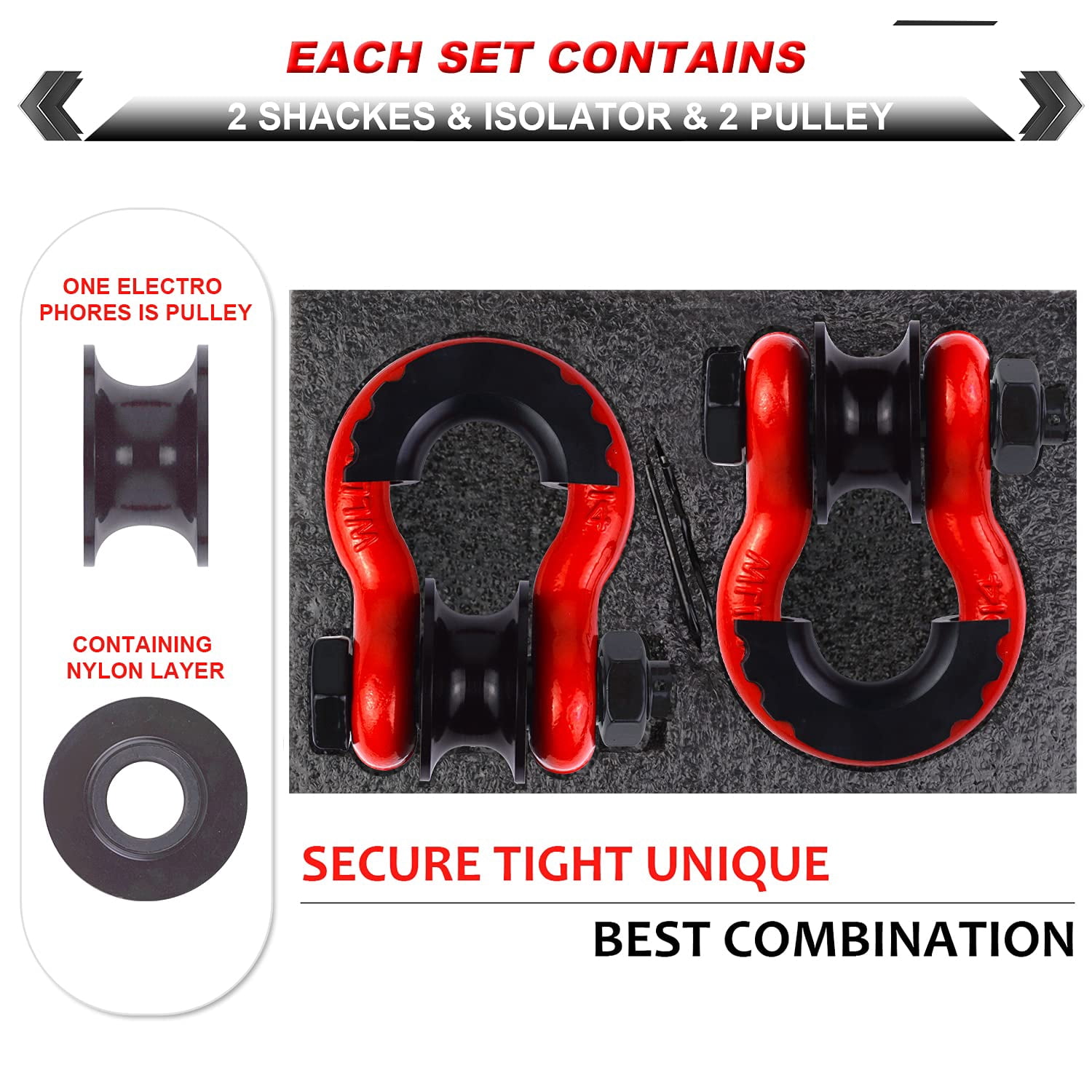 AMBULL Upgraded Snatch Block, 3/4" D Ring Shackle (2 Pack) 22,000lb Break Strength with Towing Pulley, Heavy Duty Offroad Recovery Accessory for Truck, Tractor, ATV & UTV - Red
