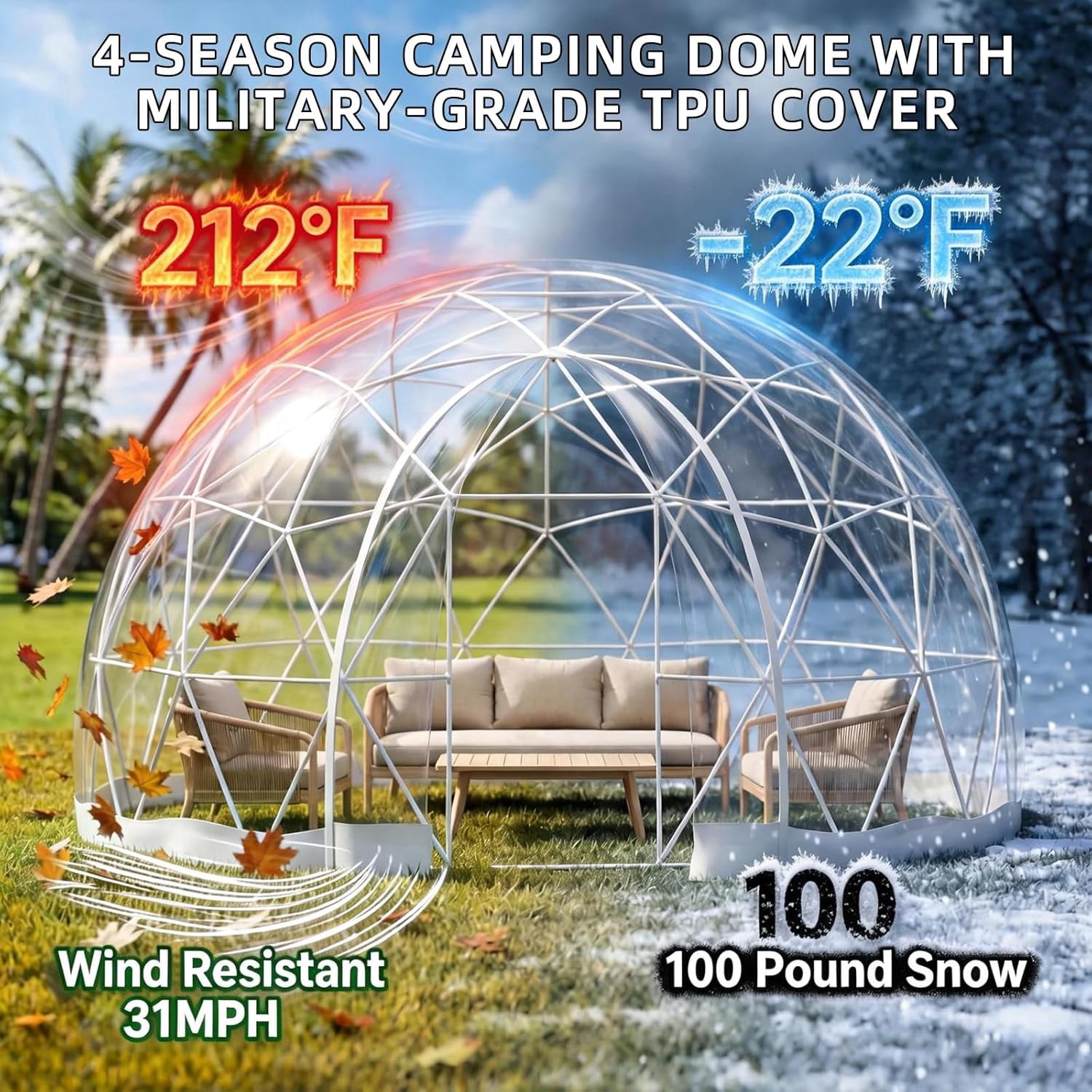 Akaber Garden Dome Tent, Outdoor Transparent Bubble Tent for 2-8 People, TPU Greenhouse Igloo Tent with 2 Window for Patio, Camping, Events