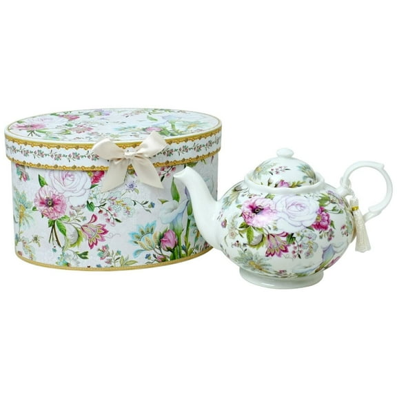 STPGOODS 1-qt Dream Garden Bone China Teapot in Gift Box Porcelain Tea Pot