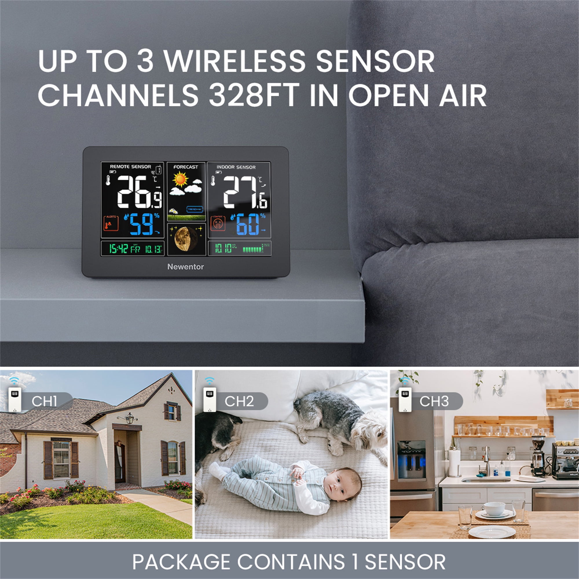 Weather Station for Home with 2 Outdoor Sensor, Black