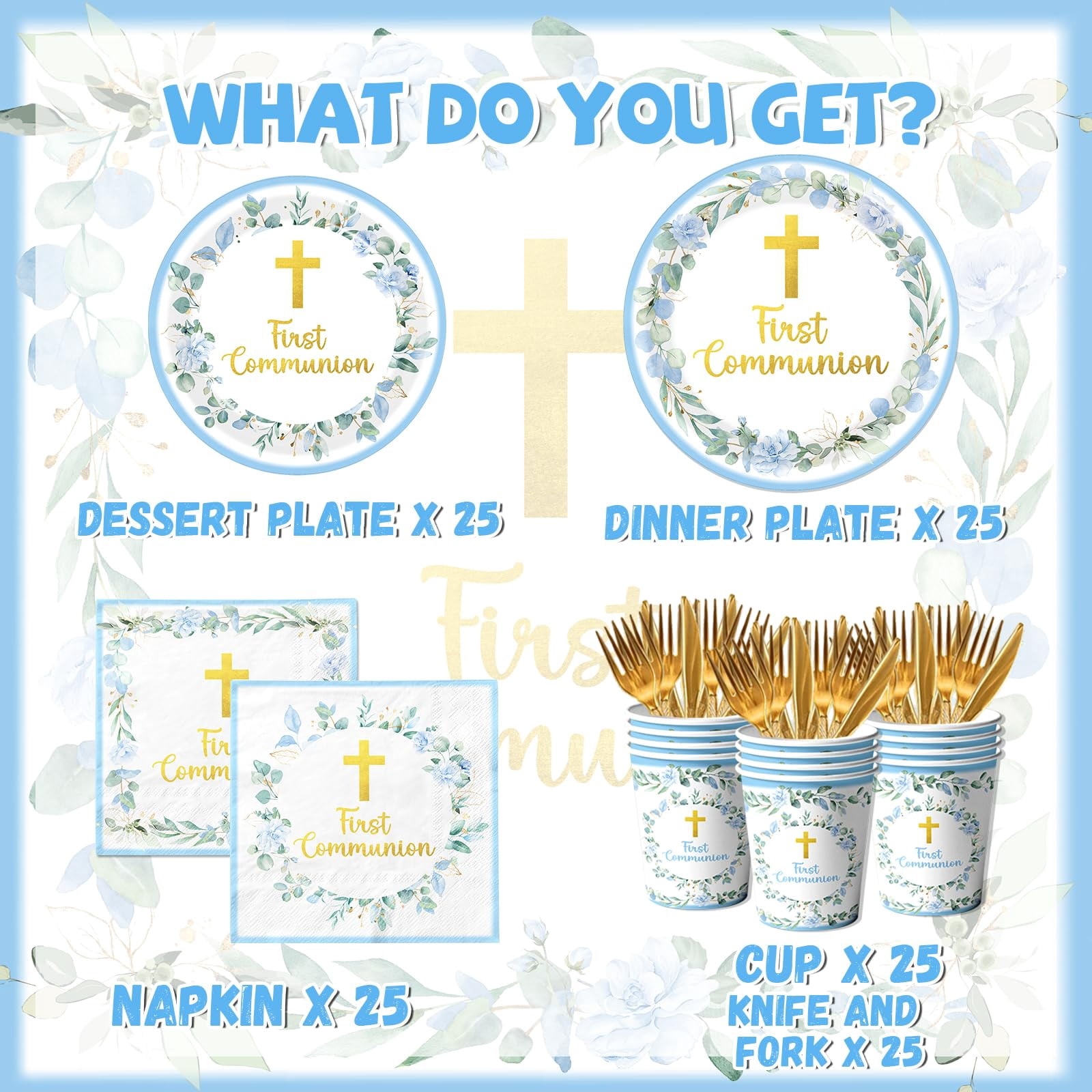 Communion Decorations – Includes 9" & 7" Plates, Napkins, Cups, Cutlery, Serves 25, for First Holy Communion, Baptism, Primera Comunion Party, Available in Pink, Blue, or Green