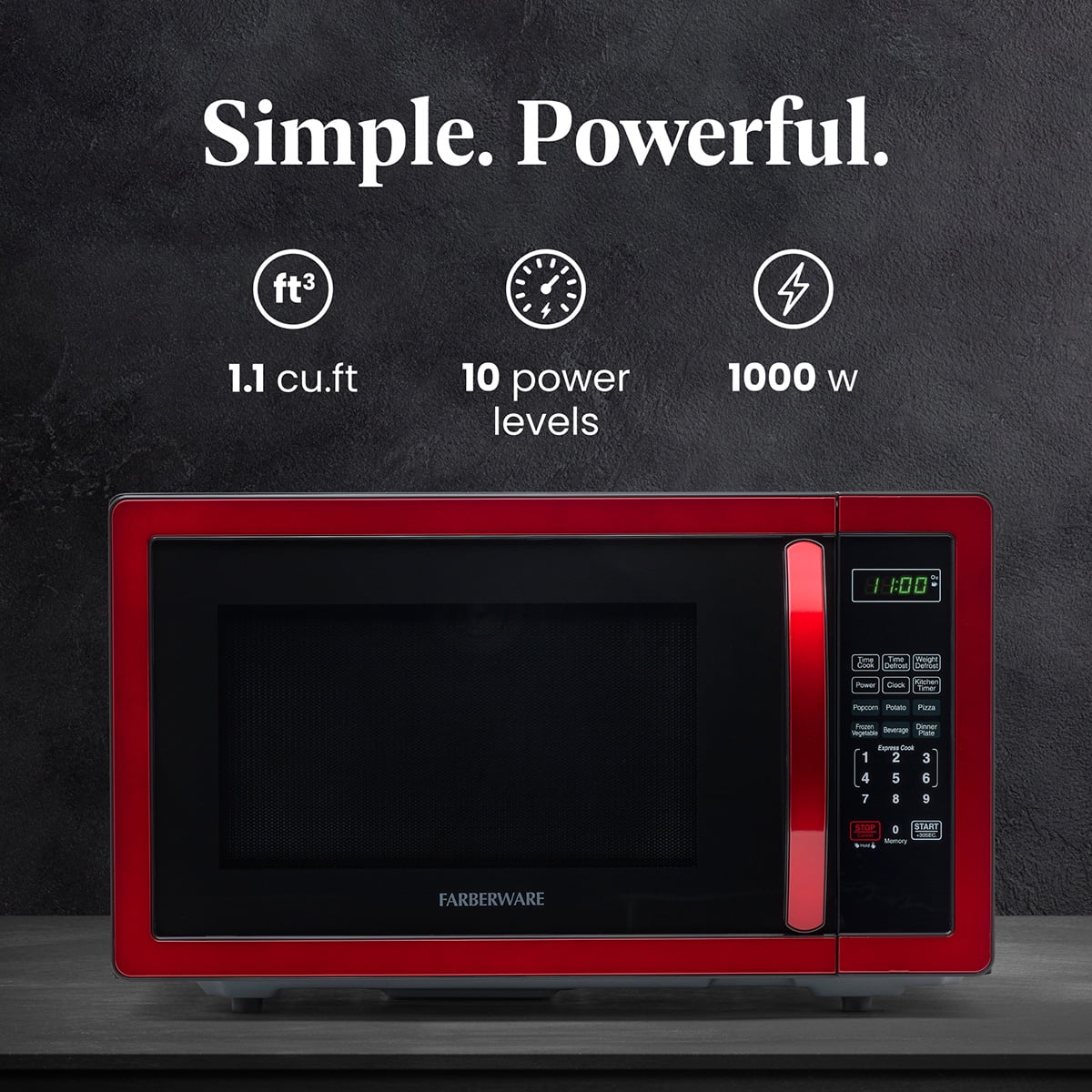 Farberware 1.1 cu ft Microwave Oven, 1000W Countertop Microwave Oven with LED Display, Red