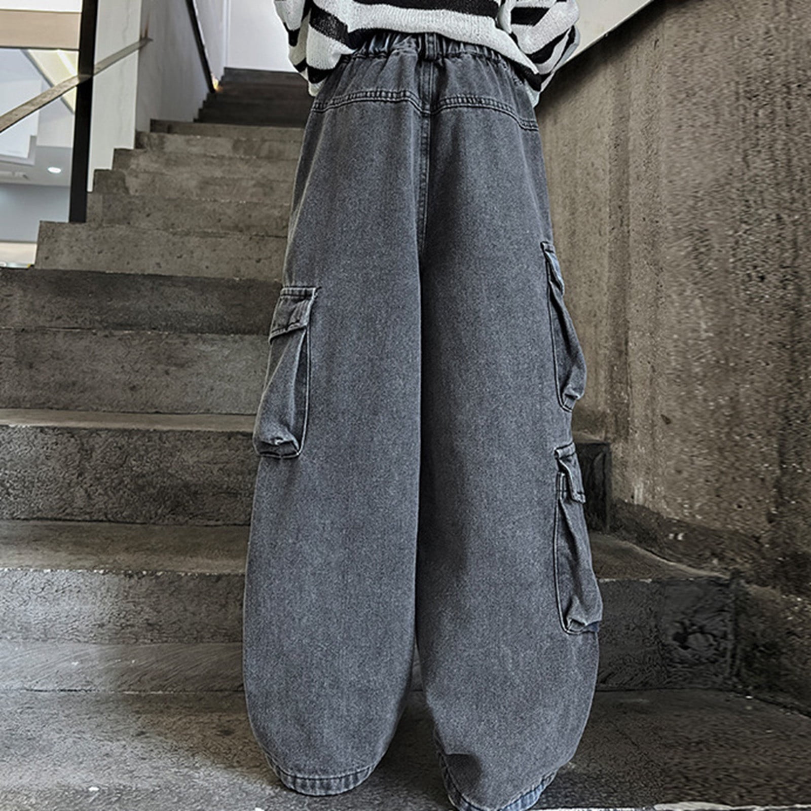 Jeans Baggy Fille Enfants 4-14 Ans - Pantalon Large Jambes Droites, Taille élastique, Denim Décontracté, Poches