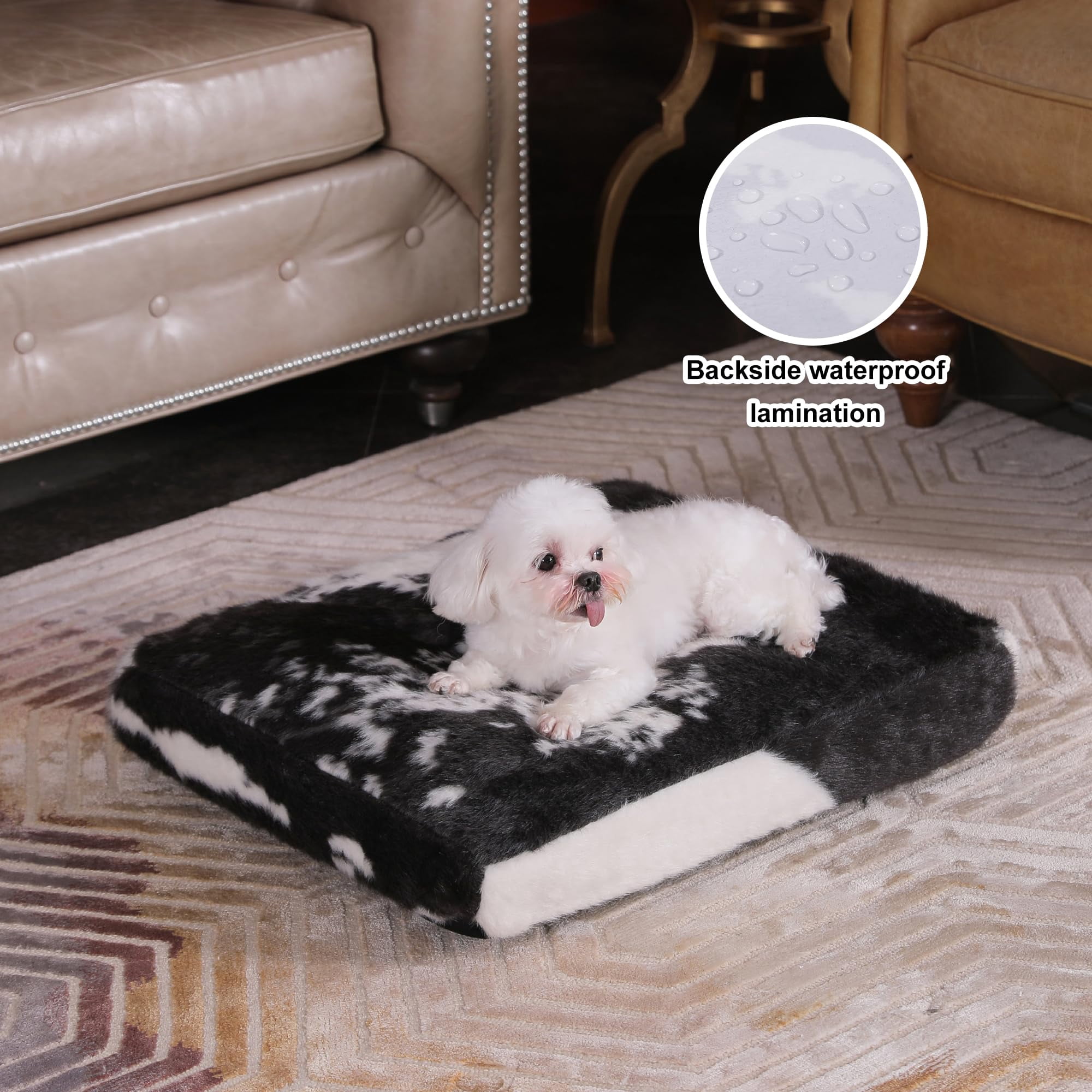 Waterproof Crate Bed  Plush Dog & Cat With Removable Washable Cover Faux Kennel Pad 21"x13" Black-white Cowhide