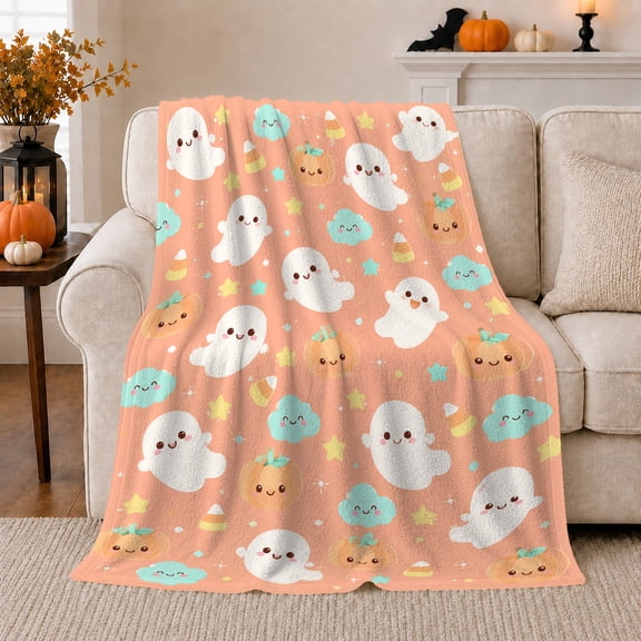 Kawaii Ghosts Pumpkins Peach Scene Cute Playful Illustrative, Playful Halloween Scene, Warm Flannel Blanket for Living Room and Reading Nook, Art Lovers Halloween Gift, Playful Home Decor