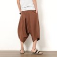 thumbnail image 4 of Mens Yoga Capri Pants Solid Color Casual Elastic Waist Drawstring Sports Cotton Linen Boho Harem 3/4 Pants with Pockets, 4 of 8