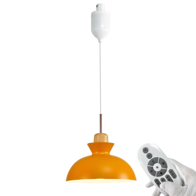 FSLiving Adjustable Height J Type Track Light Pendants Macaron-Style Wooden Rose Gold Handle Lamp 4 Ft with Smart LED Bulb, Remote Control Track Mount Yellow for Dinning Table Top Sloped Ceiling