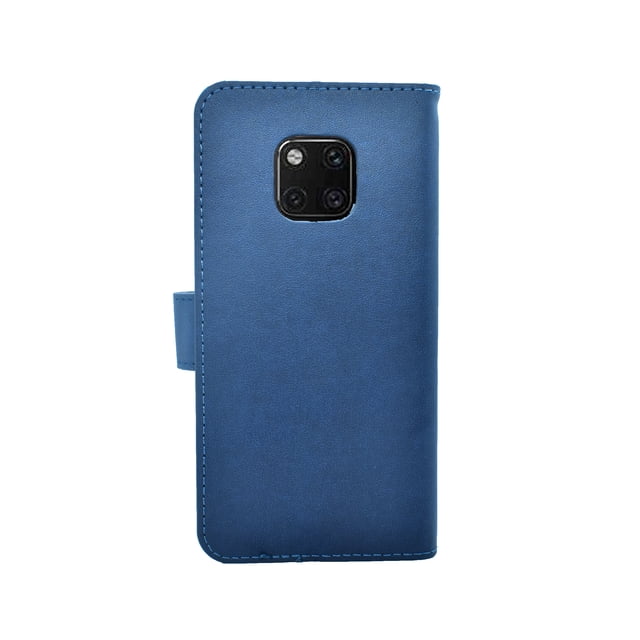 funda tipo cartera atti para huawei mate 20 pro azul, vista frontal cerrada en piel sintética azul con costuras visibles, recorte cuadrado para la cámara posterior y solapa lateral con cierre; incluye compartimiento para tarjeta.