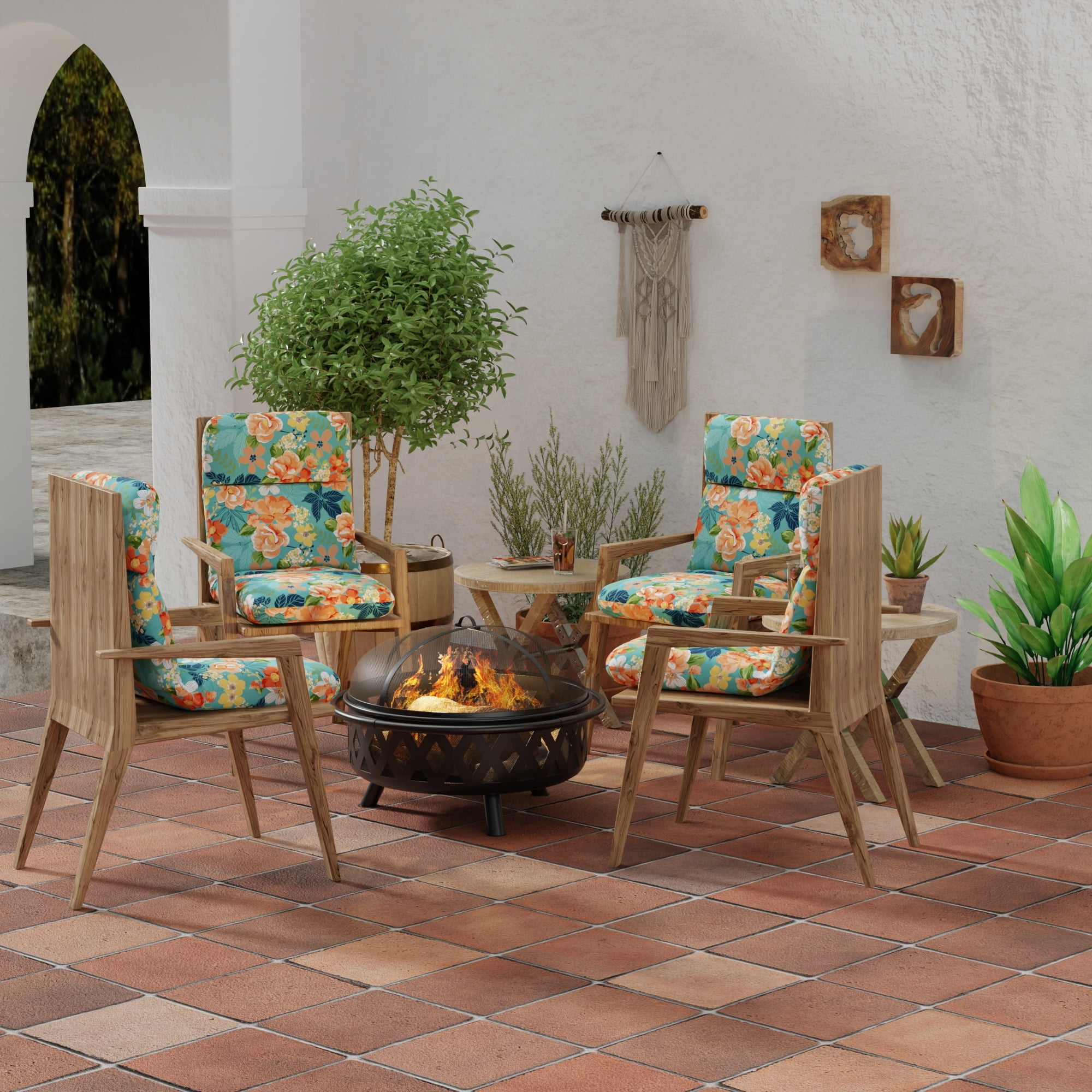 Jordan Manufacturing 45" x 22" Senorita Pelican Turquoise Floral Rectangular Outdoor Chair Cushion with Ties and Hanger Loop