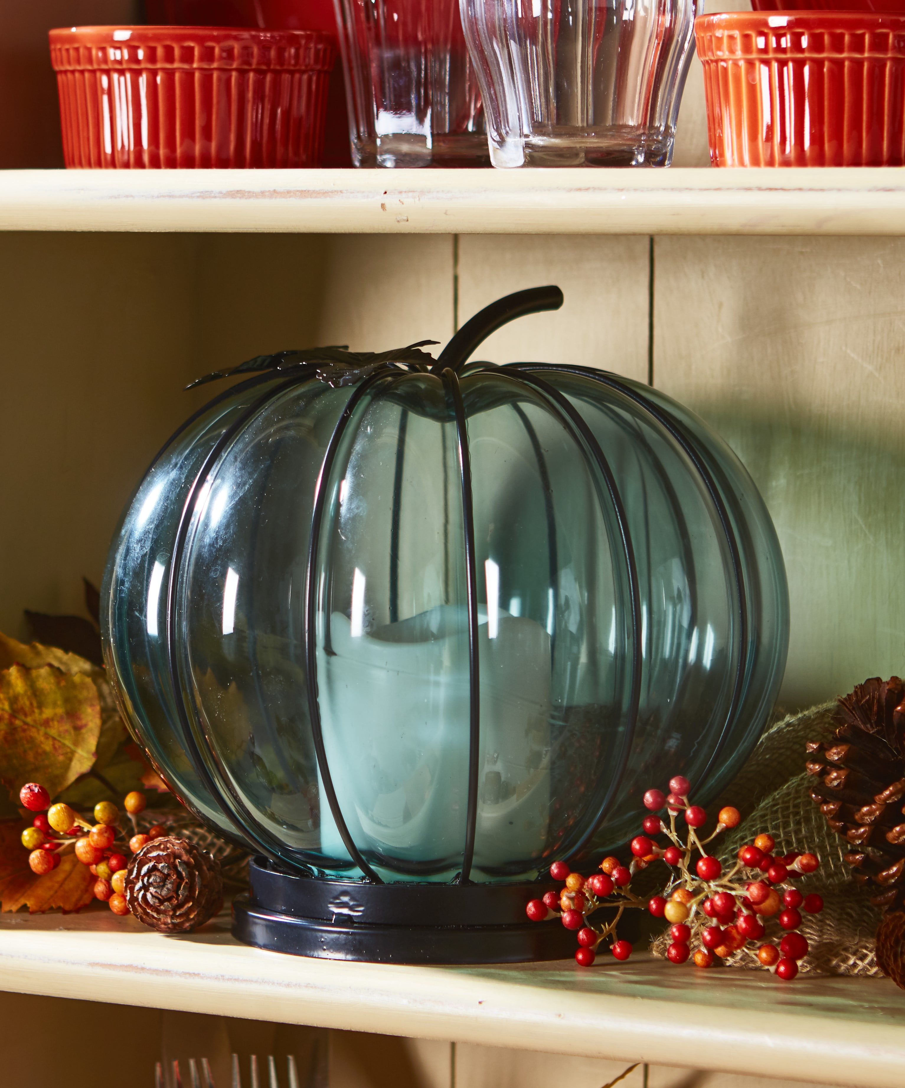 The Lakeside Collection Lighted Glass Pumpkin Hurricane Lantern - Blue