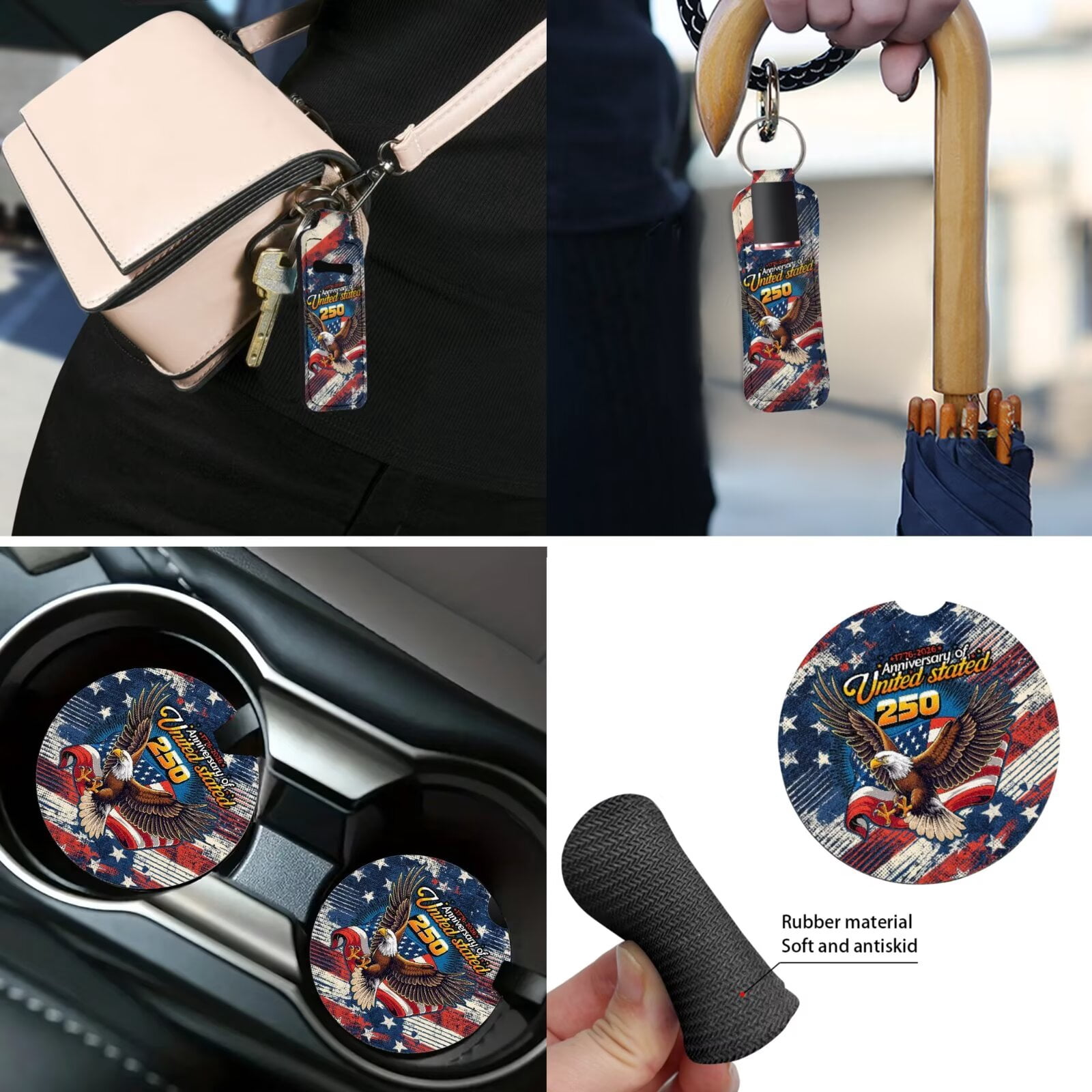 Jeiento Car Seat Covers Full Set with Steering Wheel Cover Safe Belt Pads Coasters Center Console Cover 250th Eagle Flag Keychain Chapstick Holder 13 PCS Auto Interior Sets Accessory