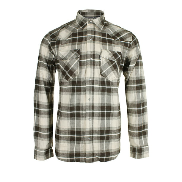Levi's Men's Long Sleeve Western Cut Snap Plaid Shirt Dark Green Beige  Flannel 2XL 