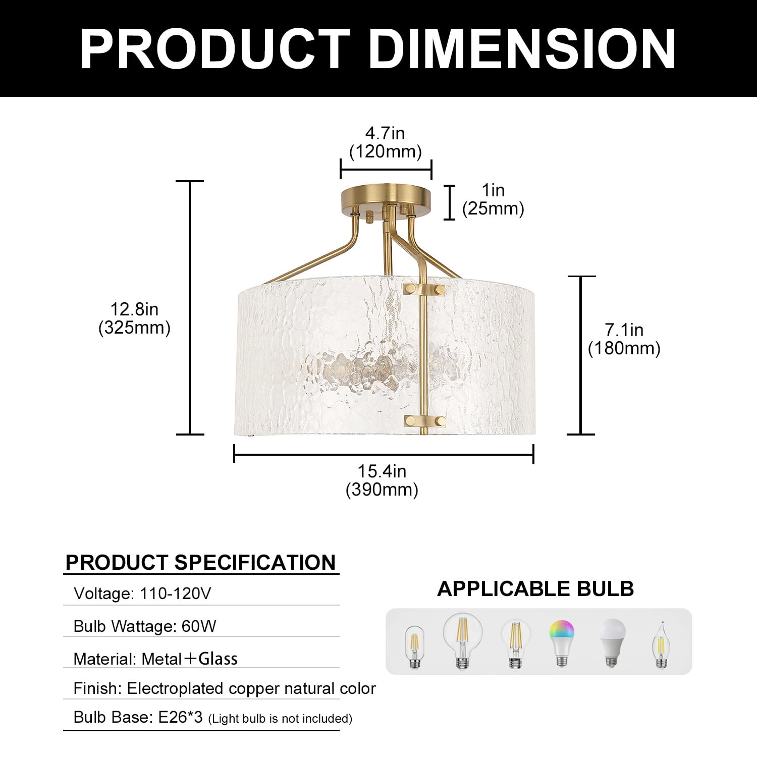YANSUN 15.4in 3-Light Gold Semi Flush Mount Ceiling Light with Textured Clear Glass Shade, E26 Base Industrial Modern Light Fixture for Bedroom Hallway Kitchen