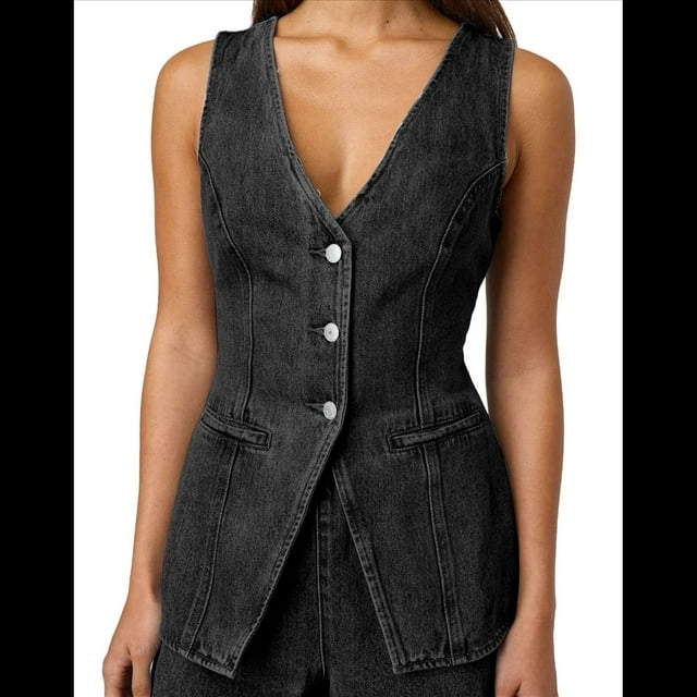 Conjunto de Dos Piezas de Mezclilla para Mujer, Informal, Sin Mangas, con Cuello en V, Chaleco Vaquero y Pantalones Cortos de Cintura Alta, Conjunto Deportivo Negro S