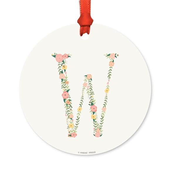 Floral Family Monogram Metal Christmas Ornament, Coral Peach Floral Roses, Letter W, Includes Ribbon and Gift Bag
