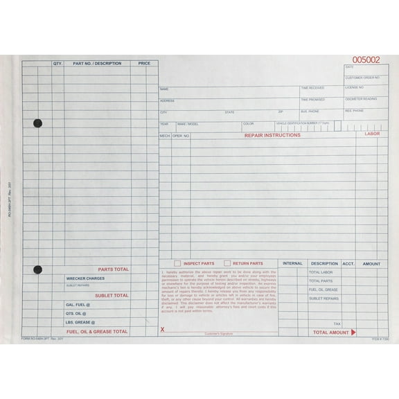 3-Part Customer Pay Repair Order Form - 8 1/2ʺH x 11ʺW - Pack of 100