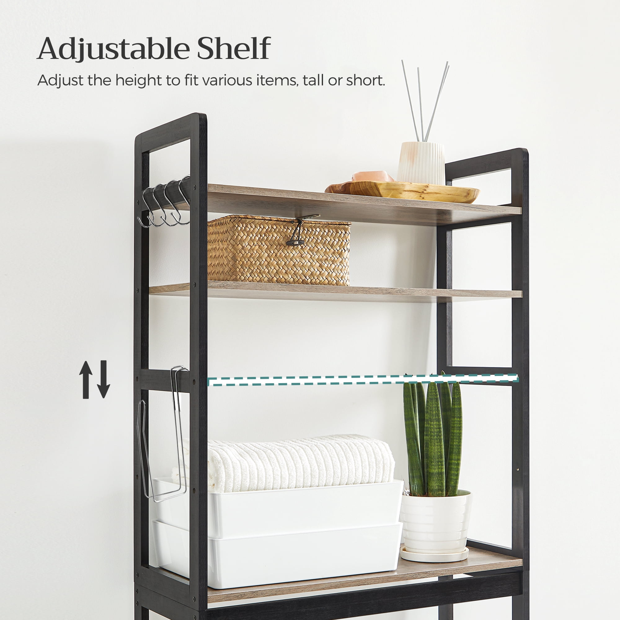 SONGMICS Over-The-Toilet Storage, 3-Tier Bathroom Organizer Over Toilet with Adjustable Shelves, Hooks, Bamboo, Freestanding Space Saver Bathroom Shelves, Heather Greige and Ink Black