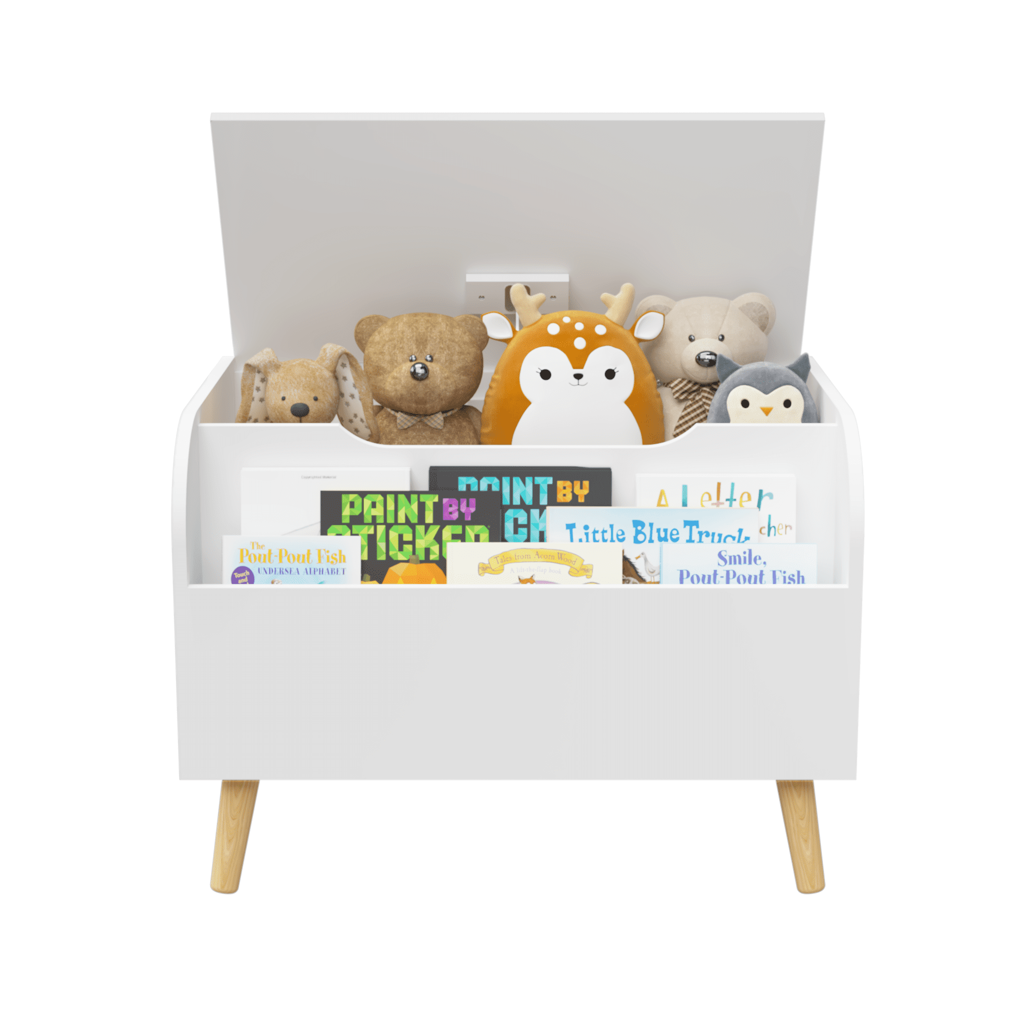Lisonu Wooden Toy Box with Bookshelf, White Kids Storage Chest with Safety Hinge, 100lb Capacity Multipurpose Bench for Playroom Organization