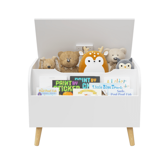 Wooden Toy Box, Kids Toy Storage Organizer with Front Bookshelf, Flip-Top Lid, Safety Hinge, Boys Girls Toy Chest Bench for Playroom Kids Room Organization (White)