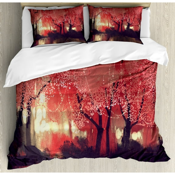 Ambesonne Nature Duvet Cover Set, Charming Mist Forest, Queen, Brown and Ruby
