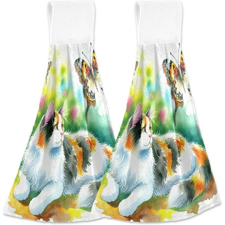 

Anyway.go Beautiful Cat Butterfly Kitchen Hanging Hand Towels Watercolor Absorbent Tie Towel with Loop 2 PCS Kitchen Linen Sets for Bathroom Restroom Home Decor