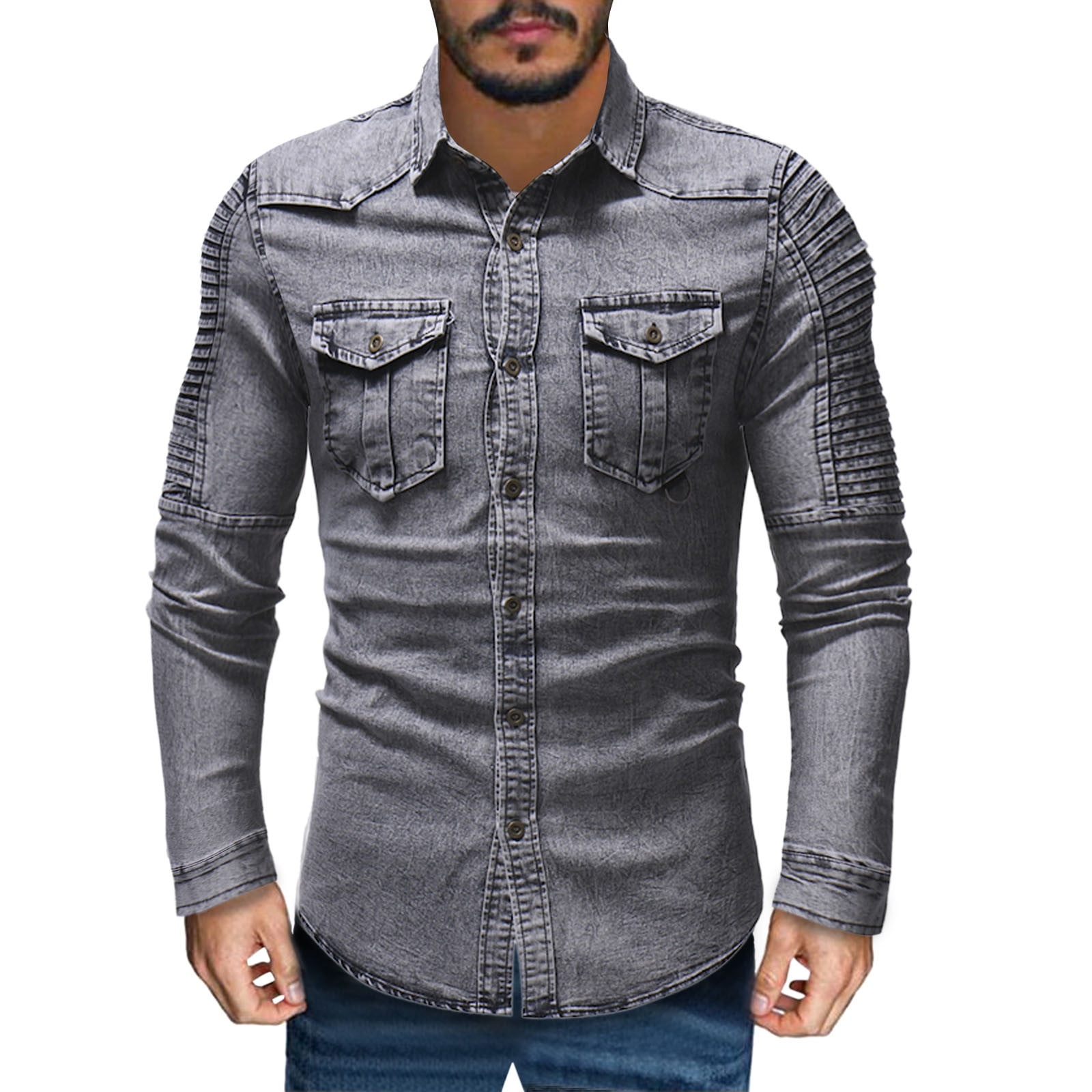 wendunide mens shirts Top Long Men's Blouse Pleated Stitching Sleeved Turn Down Collar Denim Men's Blouse Mens Dress Shirts Gray L