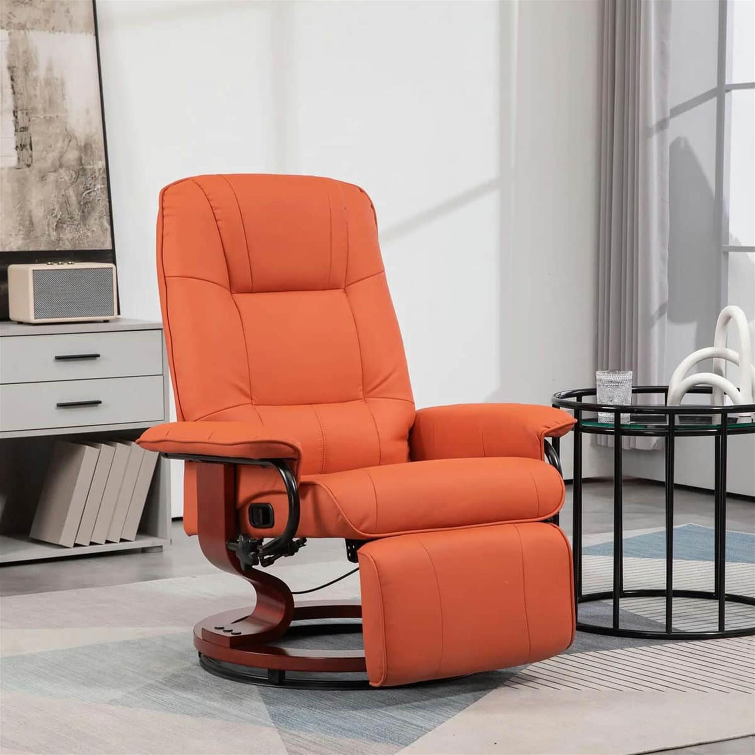 Demi Bonn 39" Faux Leather Swivel Recliner with Footrest, Armrest and Wooden Base for Living Room, Comfort High-Backed Sofa Chair, Orange