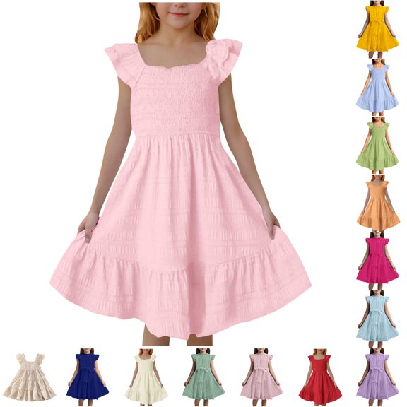 CUZIBR Girls Dresses Solid Color Ruffle Sleeves Elegant A Line Tiered Loose Fit Square Collar Midi Length Summer Dress For Kids Youth Lightweight Breathable Holiday Beach Clothes,d-Pink,11-12 Years