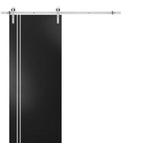 Sturdy Barn Door 42 x 80 inches | Planum 0310 Matte Black with Frosted Glass | Stainless Steel 8FT Rail Hangers Heavy Set | Solid Panel Interior Doors