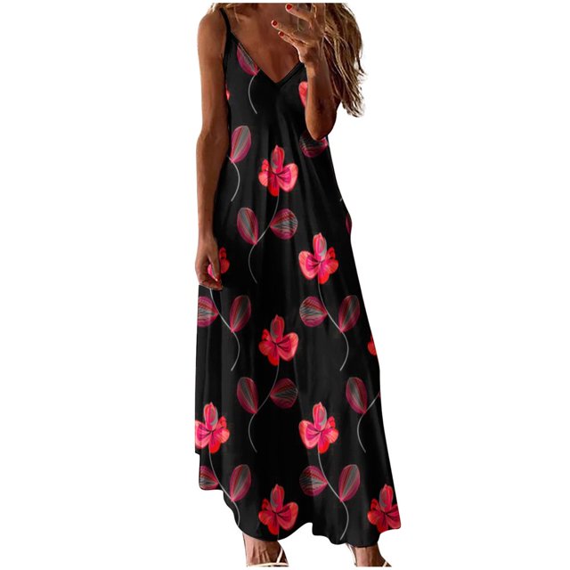PENGXIANG Robes Décontractées pour les Femmes Sans Manches V-Cou Floral Maxi Robe d'Été Robe de Plage Décontractée Robe Boho Longue