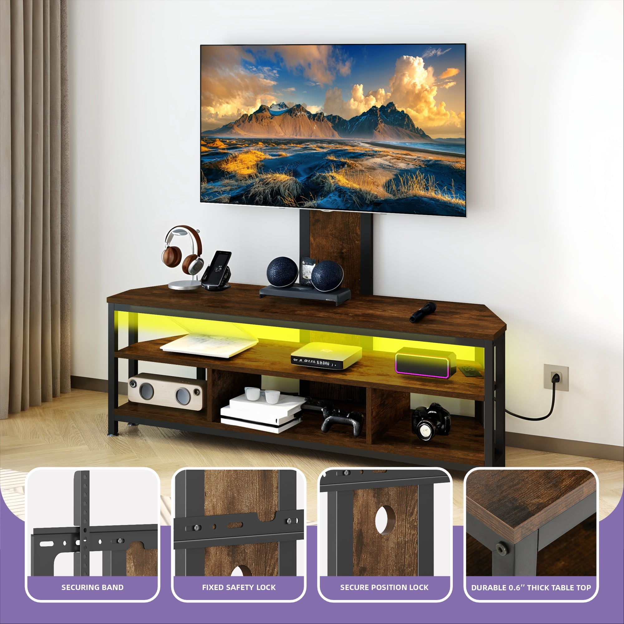 Uforic Height Adjustable TV Stand Mount with Power Outlet with LED Lights for TVs up to 70 inches, Brown