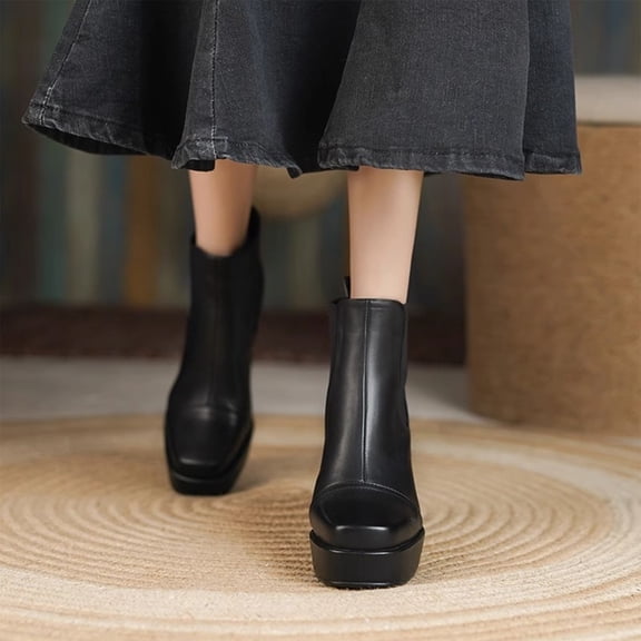 Bnwani Women Boots Ankle Winter Fashion Square Zipper High-Heel Thick High 0 Boot Black Size 6.5