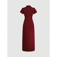 thumbnail image 2 of Burgundy Jacquard Satin Qipao Dress, Short Sleeve Button Front Cheongsam, 2 of 24