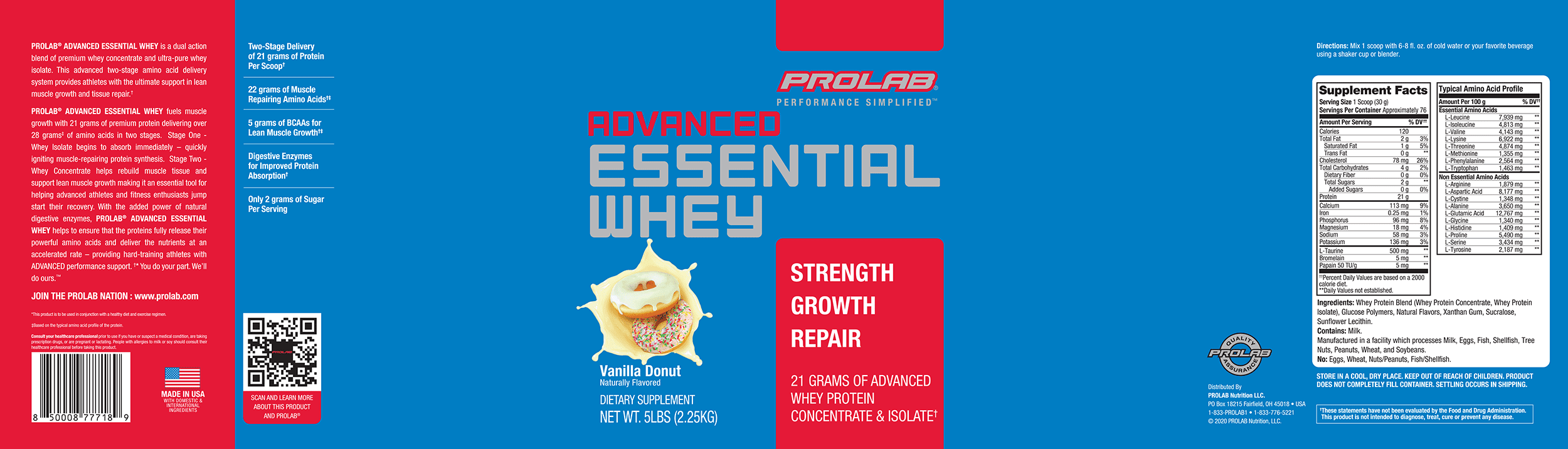 Prolab Nutrition Advanced Essential Whey Protein Powder – Vanilla Donut, 5lb Tub, 21g Protein, 5g BCAAs, 1g Sugar