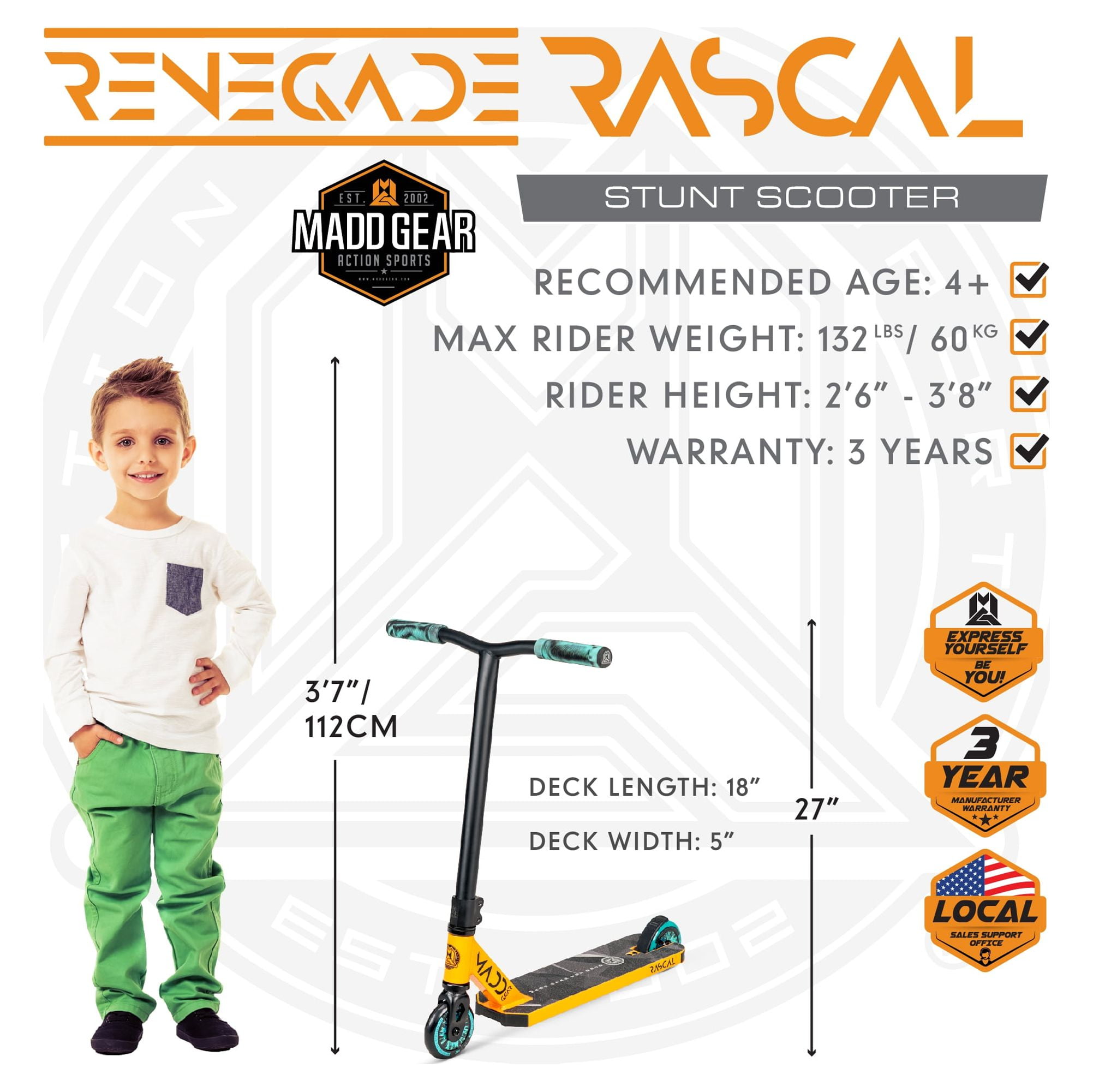 Madd Gear Renegade Rascal 18" x 5" Pro Scooter - Teal/Orange- Unisex