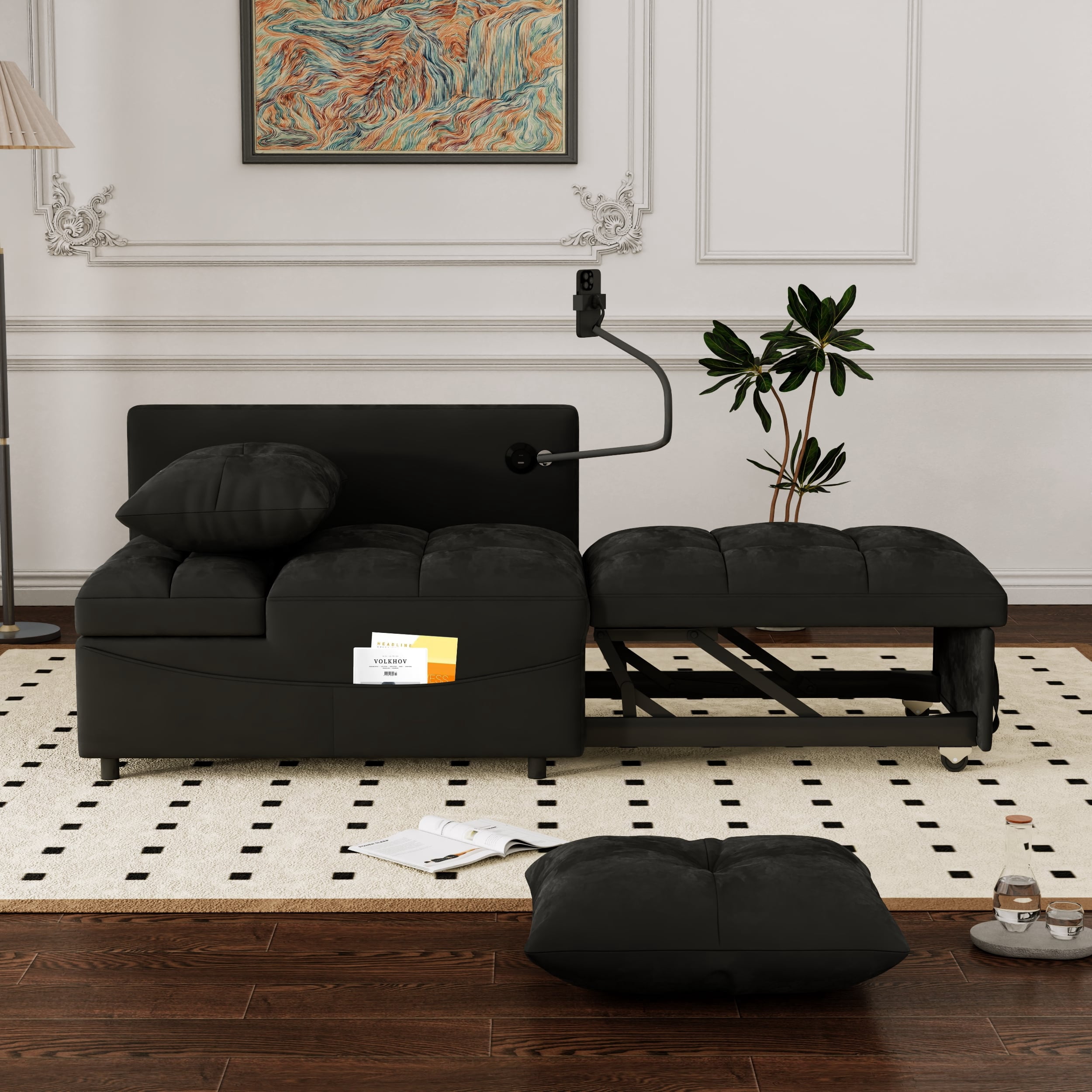 Leumius Folding Sofa Bed, 3 Lengths Available, Modern Sofa Velvet Pull-Out Bed, Loveseat with Adjustable Backrest, USB Port and Rotating Phone Holder, Black.