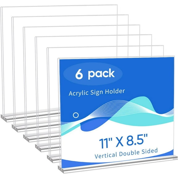 SUMMIT Acrylic Sign Holder 11 x 8.5, Horizontal 6 Pack Clear Double Side T Shape Acrylic Table Sign Stands for Displaying, Flyer Holder Paper Card Holder for Office Business Store Restaurants