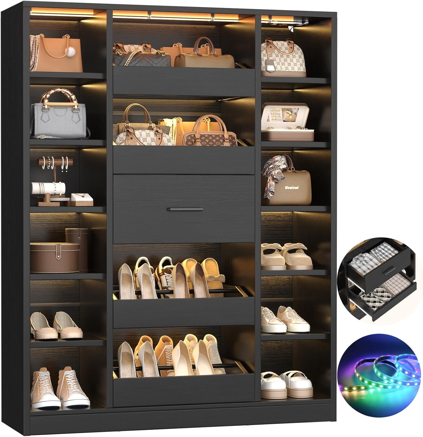 7-Tier Shoe Cabinet with 12 Shelves & 5 Drawers, 40''W Shoe Rack with LED Lights, Holds Up 30+ Pairs of Shoes, Multi-Functional Organizer Cabinet for Entryway/Hallway/Closet, Black