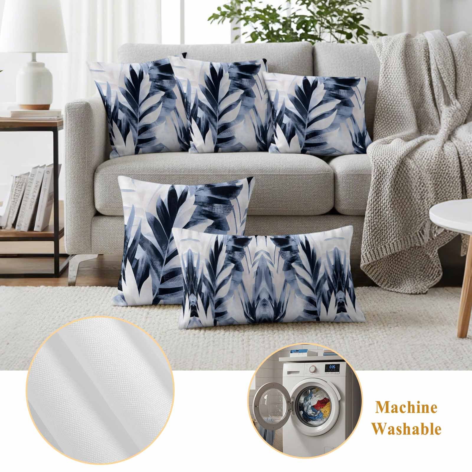 Navy Blue Palm Leaf Outdoor Waterproof Pillow Covers, Botanical Vintage Tropical Leaves Decorative Square Throw Pillowcase Sofa Cushion Sham for Patio/Couch/Chair, 20"x20" 2 Pack