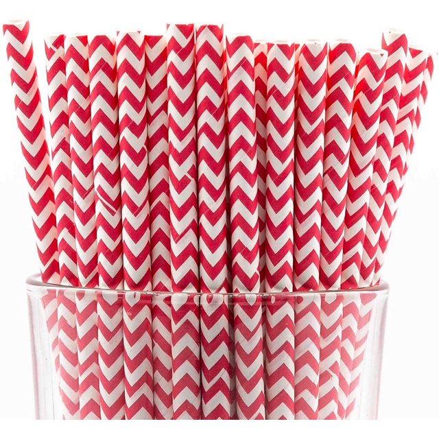Pack of 150 Red Chevron Biodegradable 4-Ply Paper Drinking Straws (Compostable, Non-toxic, BPA-free)
