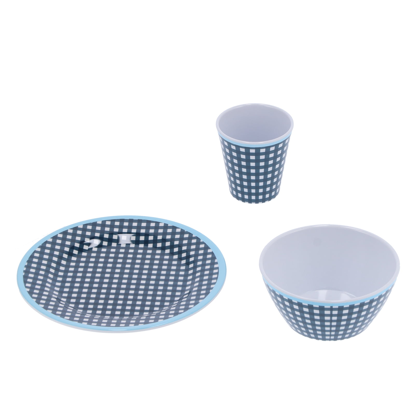 YAHHU 12-Piece Melamine Tableware Set, Dark Blue Grid Pattern Dinnerware Dishes Includes 4 Cups, 4 Bowls, and 4 Plates for Home Kitchen Restaurant Daily Use, Service for 4, Lightweight
