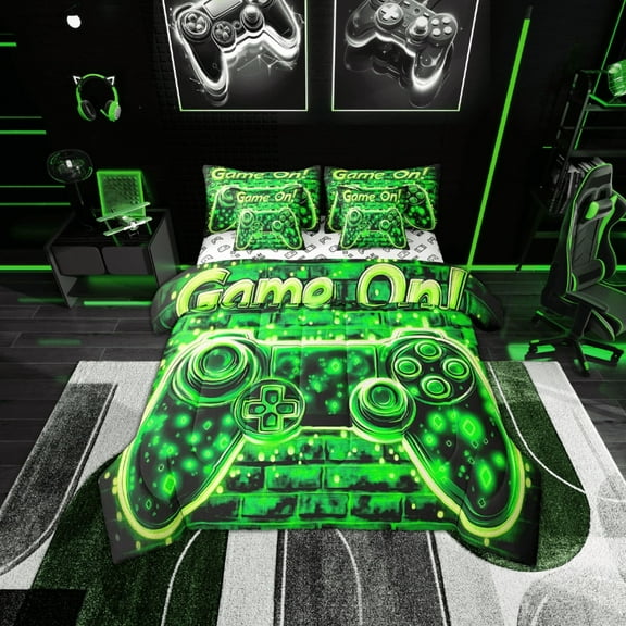 Gaming 7 Pieces Bedding Set Twin Bed in a Bag, Game Neon Gamepad Comforter Set with Comforter,Flat,Fitted Sheet,Pillowcases,Pillow Covers,Teens Game Lover Soft Warm Bedding