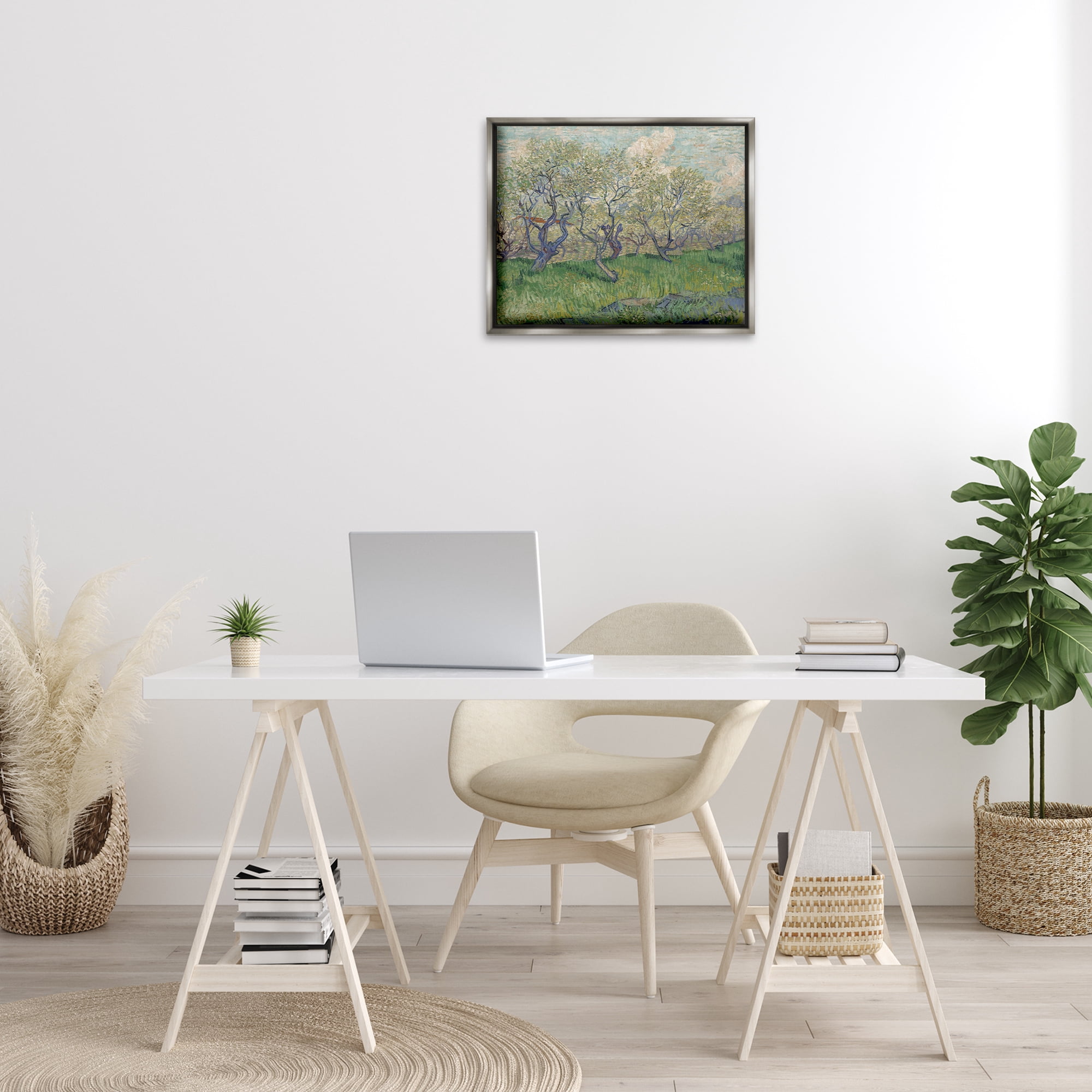 Stupell Industries Classic Van Gogh Blossoming Orchard Landscape & Nature Painting Gray Floater Framed Canvas Art Print Wall Art, 21 x 17