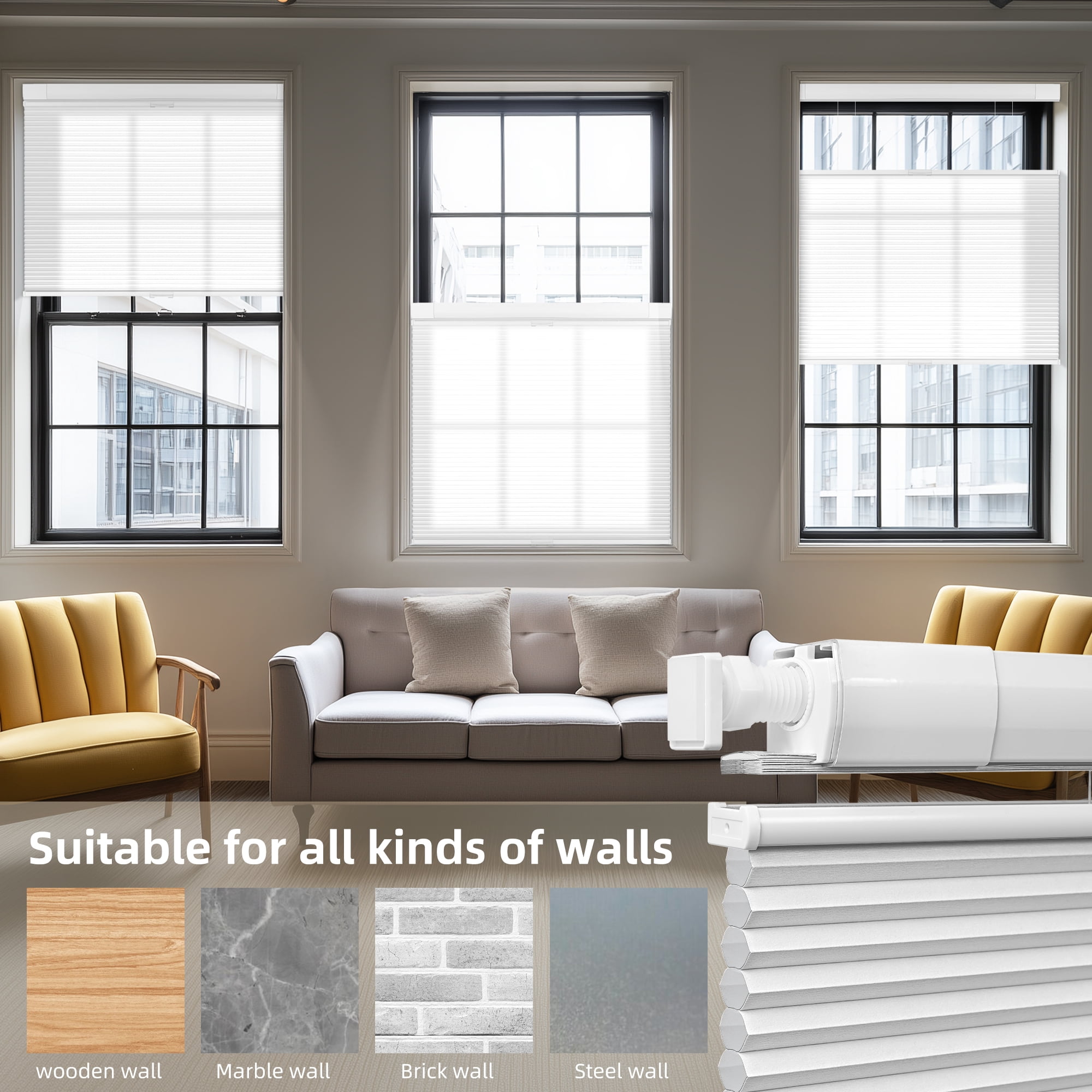 BERISSA No Drill No Tools Cellular Shades Top Down Bottom Up Honeycomb Blinds Blackout Cordless Window Blinds Easy to Install Cellular Shade for Windows,White,34" W x 48" H
