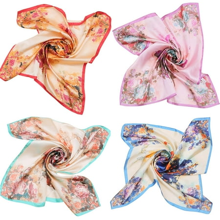 - 4Pcs Square Scarf, Aniwon Stylish Dots Floral Printed Silk Neckerchief Neck Scarf for Women girls