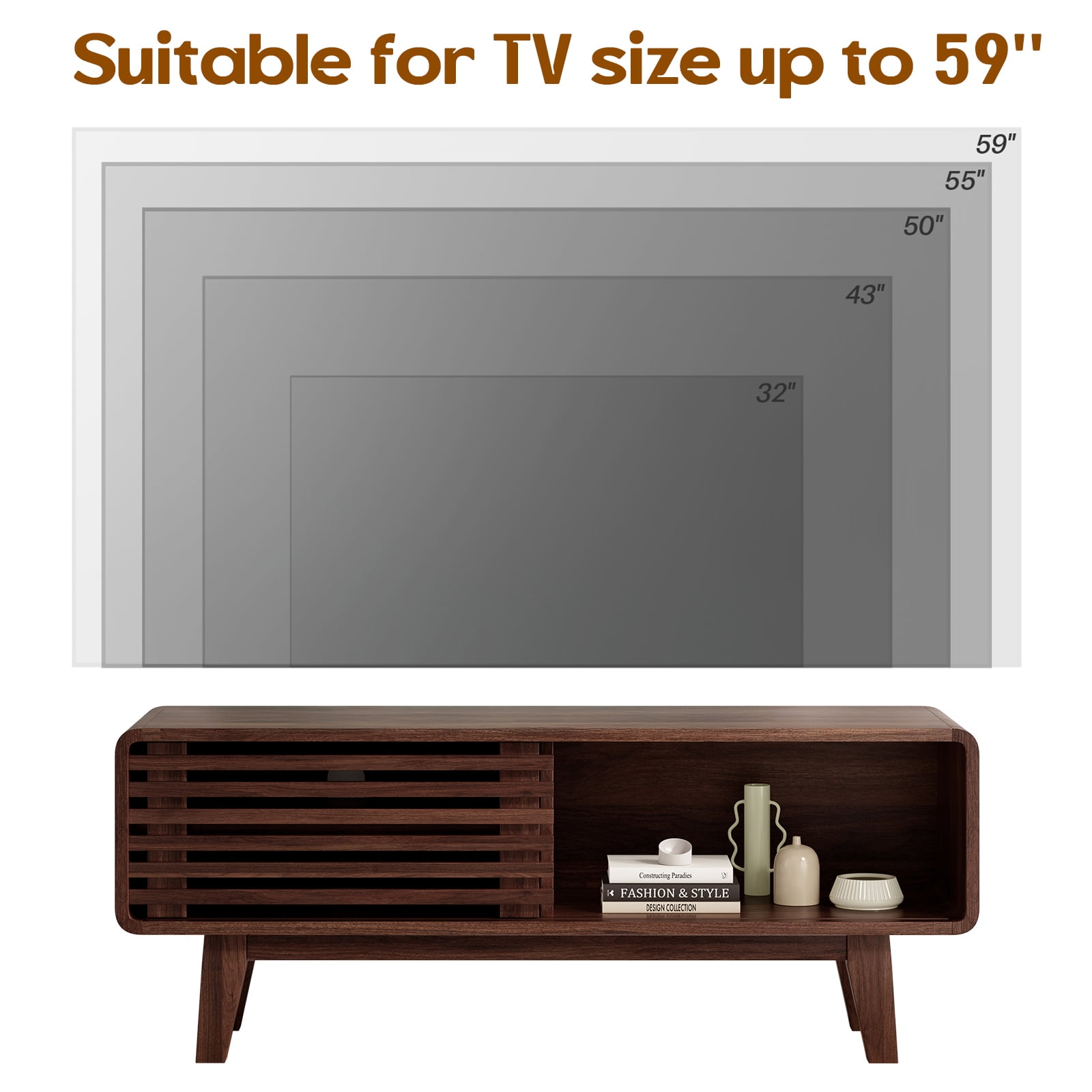 Hommoo Mid Century Modern TV Stands up to 59", Wooden Home Entertainment Center TV Console Cabinet with Sliding Tambour Door, Walnut