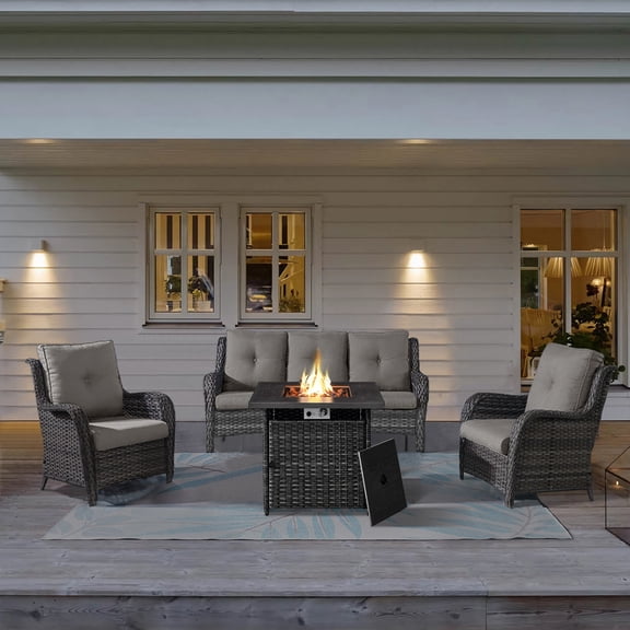 PARKWELL 4-Piece Outdoor Patio Furniture Set 5-Seat High Back Conversation Set with 30" Fire Pit Table and Deep Seat Wicker Chairs for Patio Garden Deck,Gray Wicker Gray Cushions