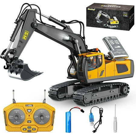 Remote Control Excavator Toys,11 Channel Rechargeable RC Construction Excavators Digger Vehicles Engineering Toys with Metal Shovel for Age 3 4 5 6 7 8 9 10+ Year Old Kids